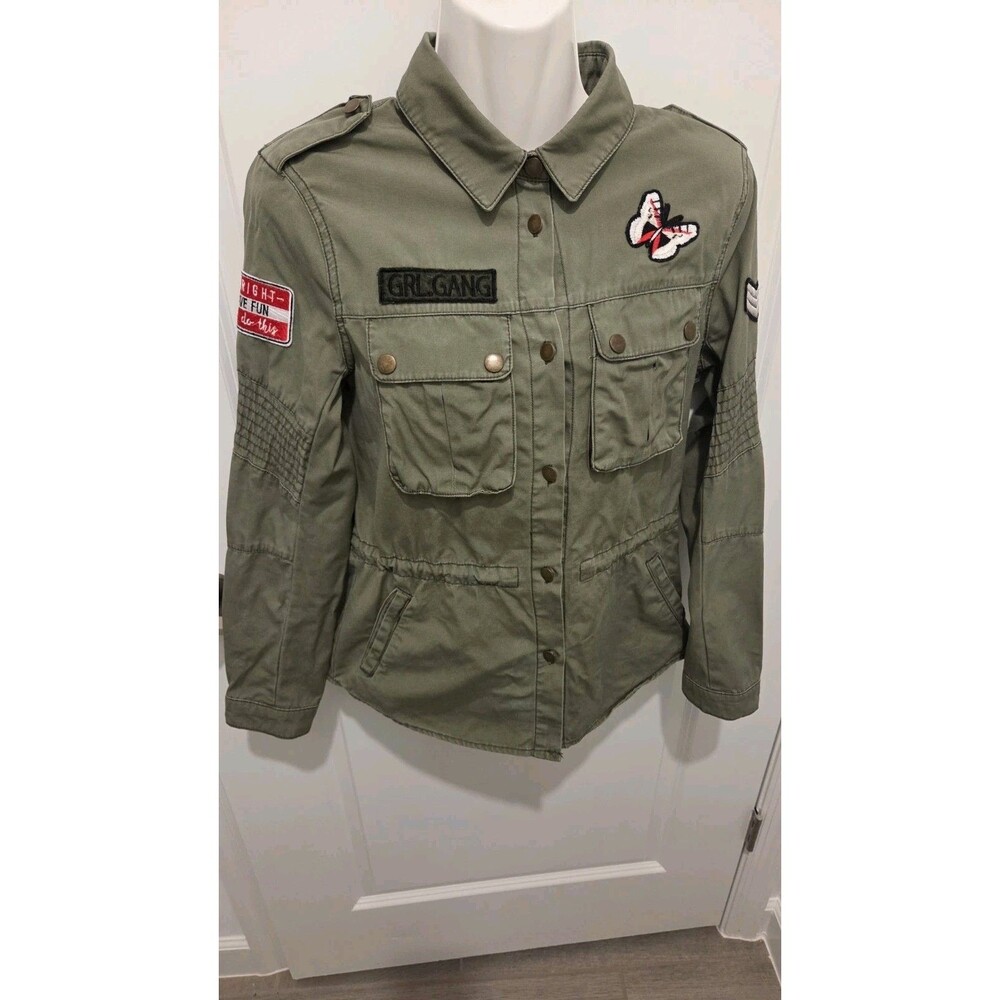 Vintage Jennyfer 100% Cotton Green Button Up Military Jacket Embroider Sz Small